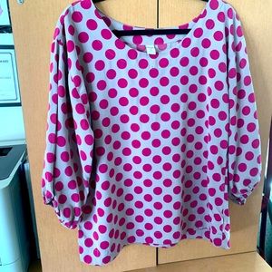 Old Navy silk shirt, taupe/fuschia polka dot top blouse, size L